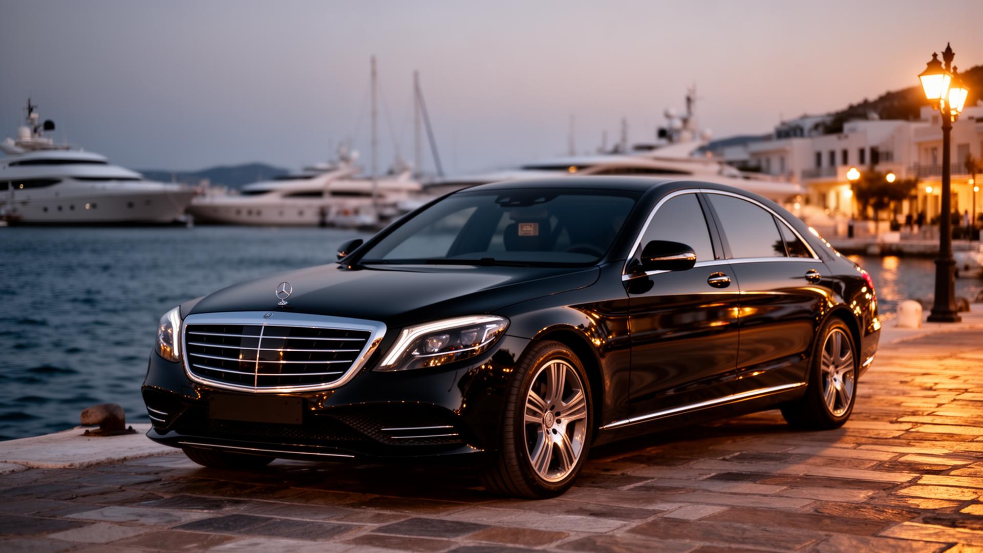 Black Maybach on a marble pier at night