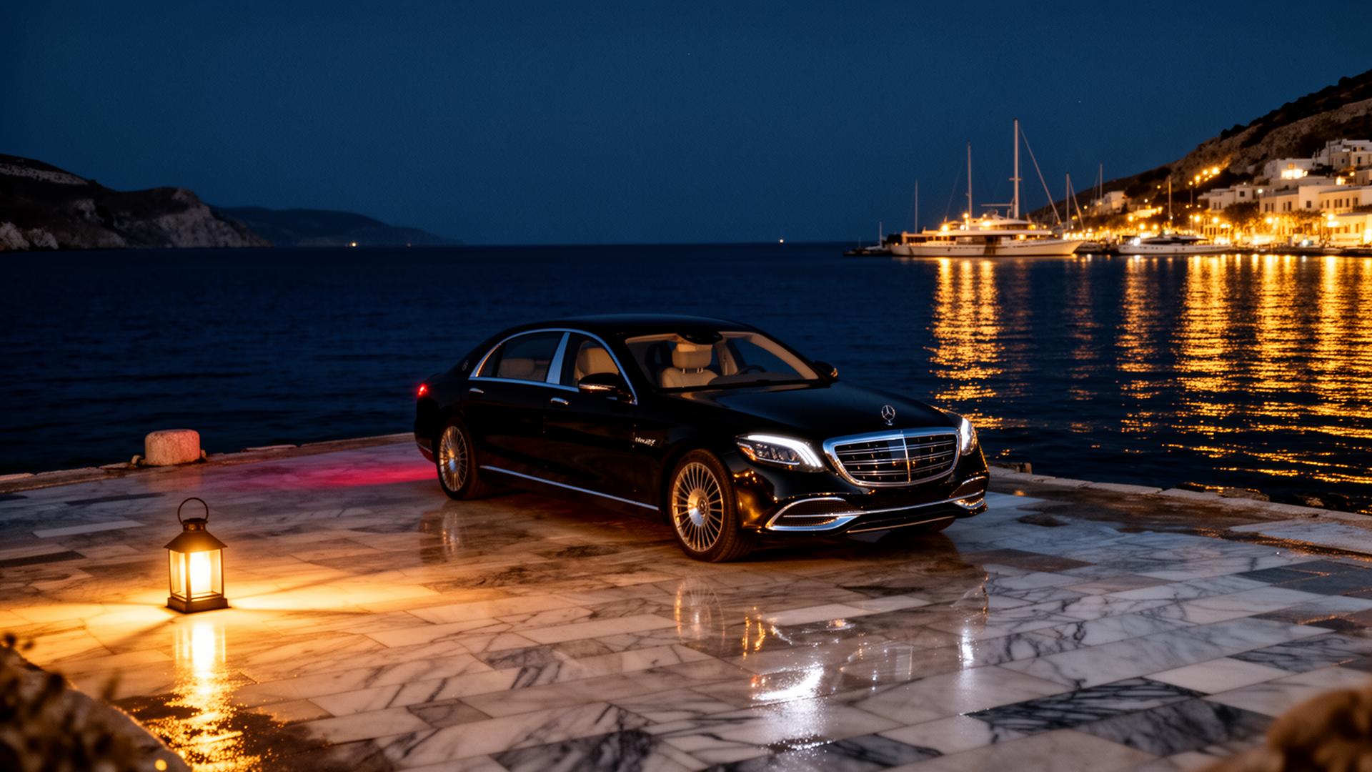 Black Maybach on a marble pier at night