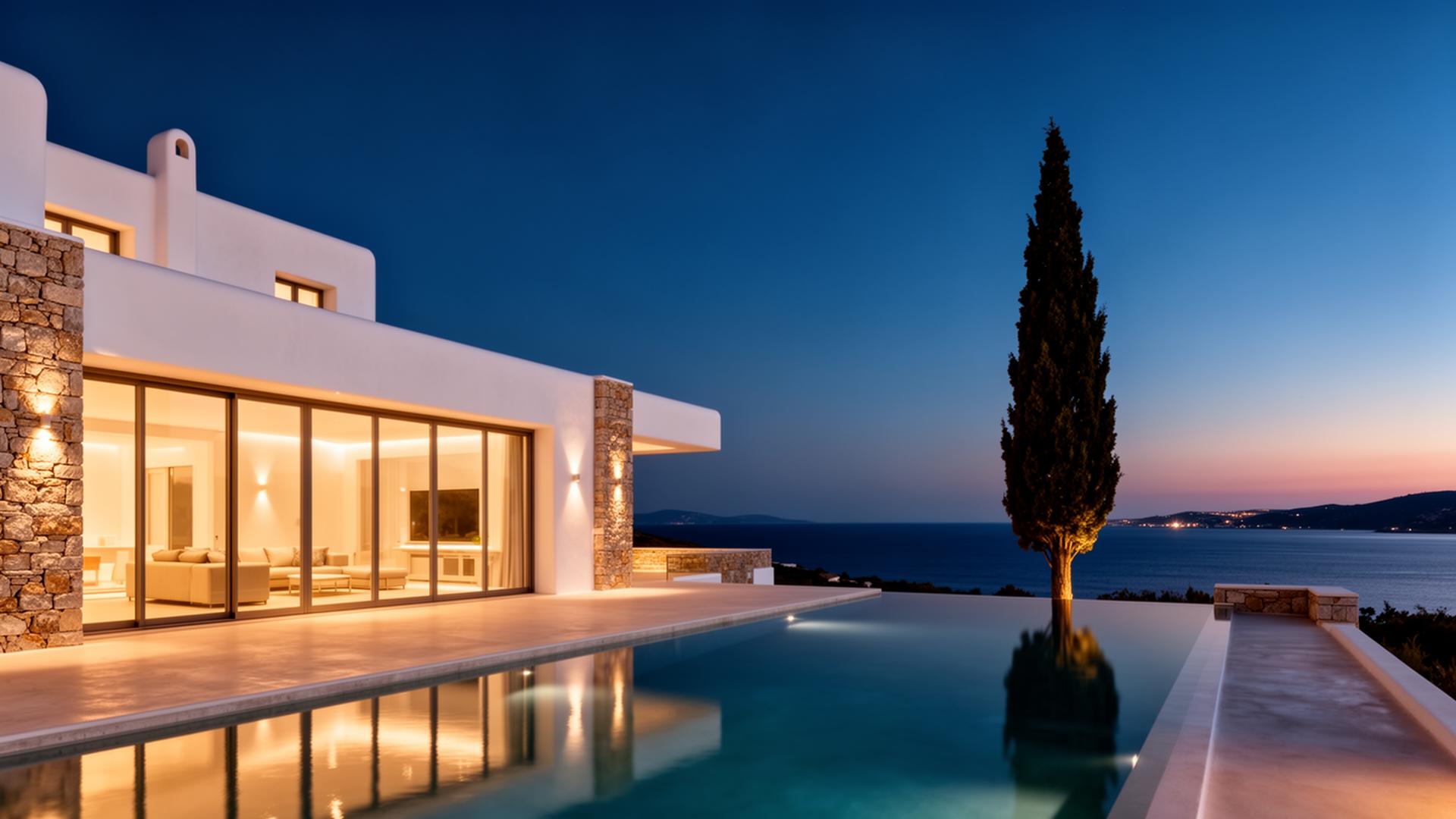 Cycladic villa with infinity pool overlooking the Aegean at twilight