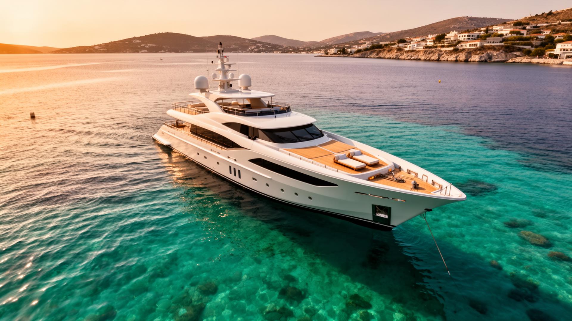 Aerial view of a superyacht cruising near a private Greek island