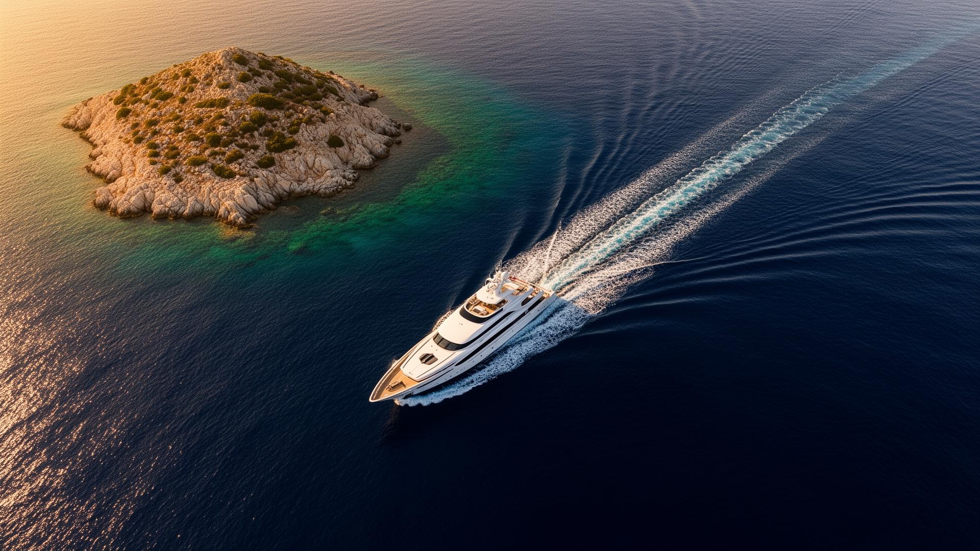 Aerial view of a superyacht cruising near a private Greek island